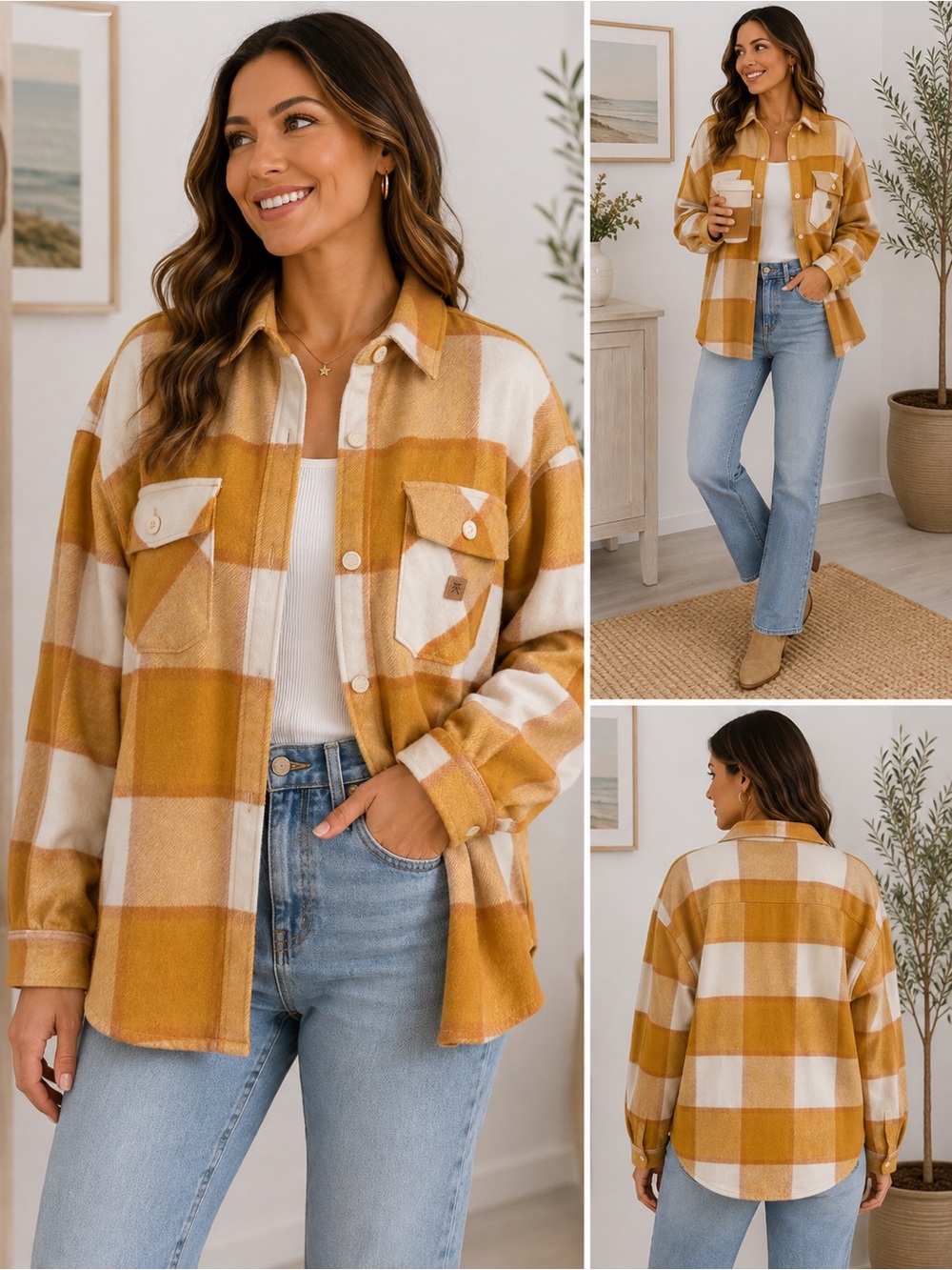 Roark Mustard Plaid Wool Blend Oversized Shacket Jacket Medium